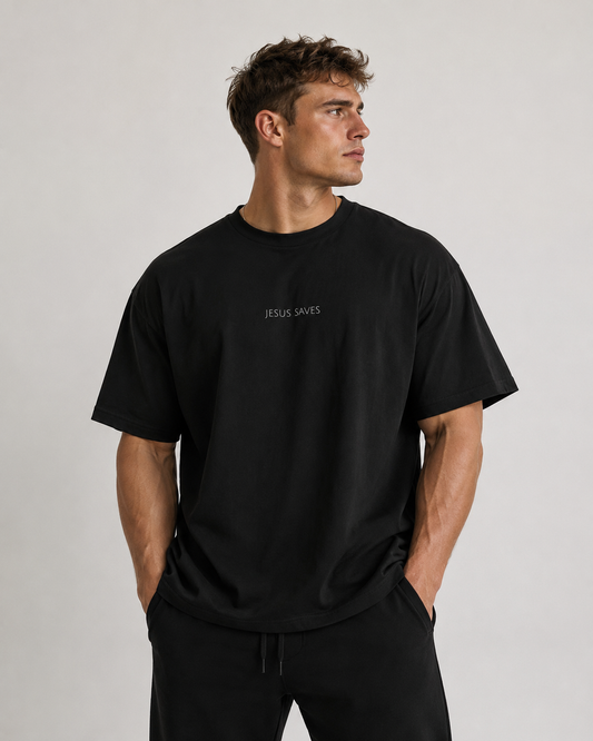 Jesus Saves Oversized Boxy Christian T-Shirt | Minimal Faith-Based Apparel